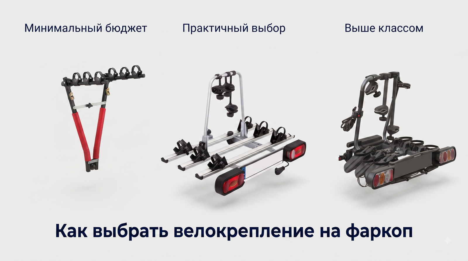 Сравнение велокреплений на фаркоп: подвесное крепление, недорогая платформа и более оснащённая платформа